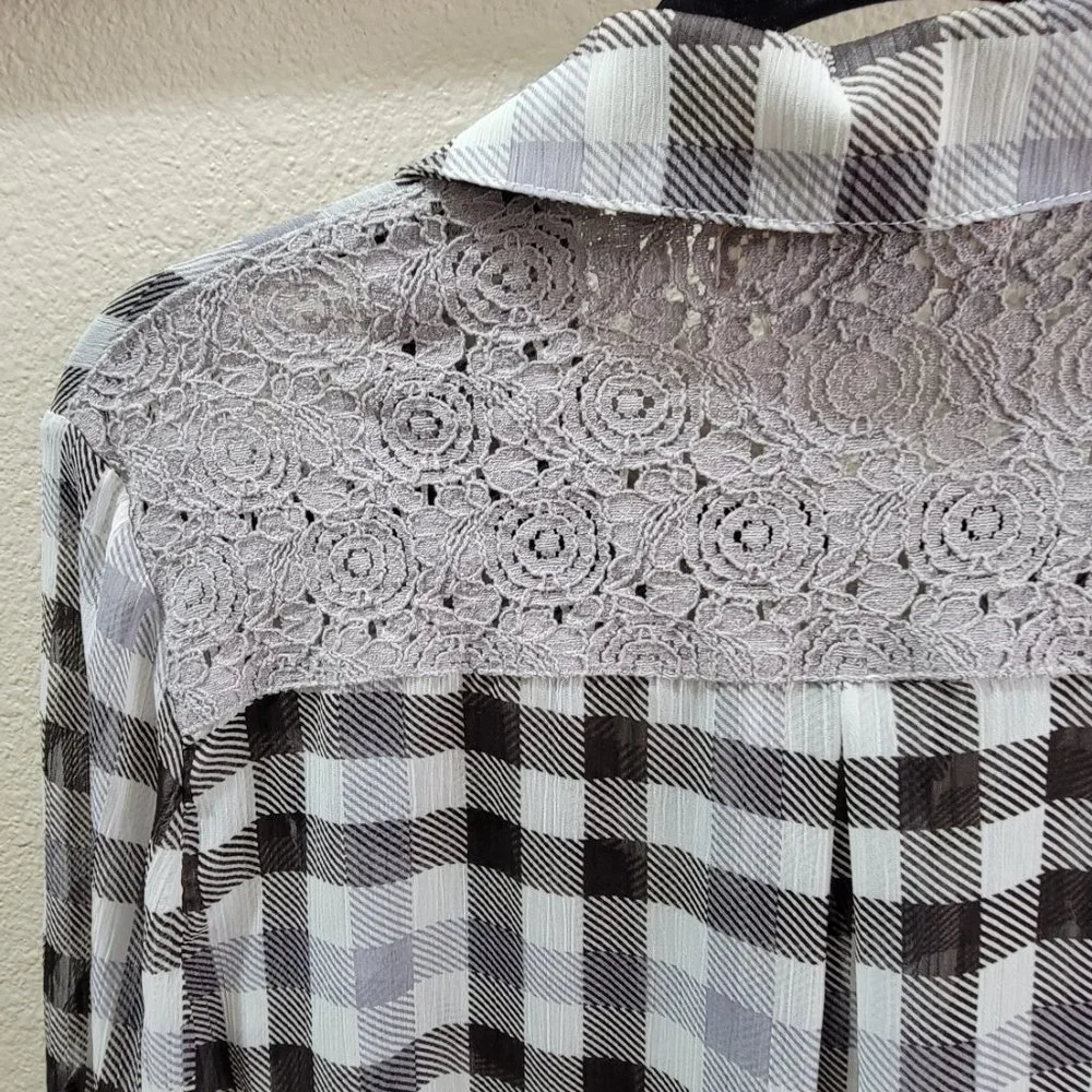 Band of Gypsies Sheer Button Down Long Sleeve Shirt Size Small Lace Back - Picture 7 of 12